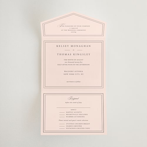 This is a petal all in one wedding invitations with standard by Kimberly FitzSimons called story line printing on strathmore in all-in-one