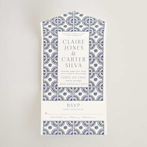 This is a cobalt all in one wedding invitations with standard by Katharine Watson called watercolor tile printing on strathmore in all-in-one