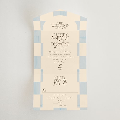 This is a ivory all in one wedding invitations with standard by Baumbirdy called checker wash printing on value cover in all-in-one