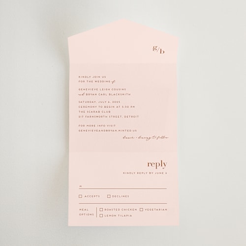 This is a rust all in one wedding invitations with standard by Genna Blackburn called mod initials printing on strathmore in all-in-one