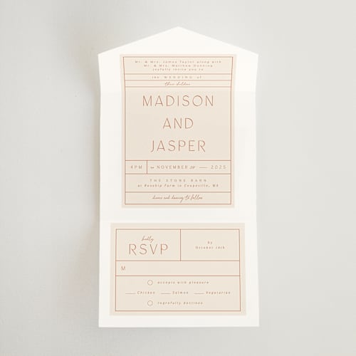 This is a rust all in one wedding invitations with standard by Alethea and Ruth called modern ticket printing on strathmore in all-in-one