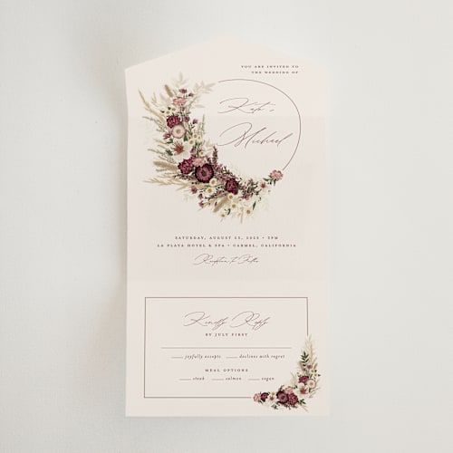 This is a cabernet all in one wedding invitations with standard by Erin Deegan called dried floral wreath printing on strathmore in all-in-one