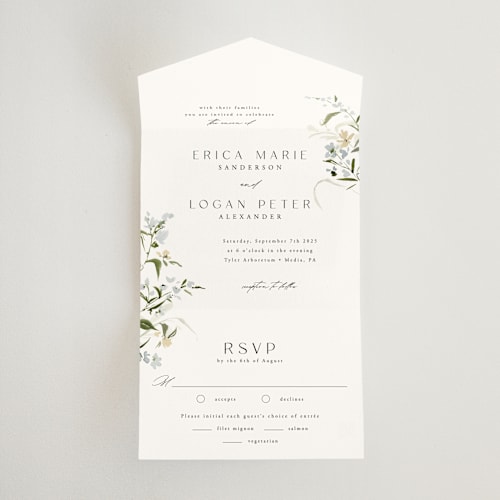 This is a lily all in one wedding invitations with standard by Everett Paper Goods called fleur printing on value cover in all-in-one