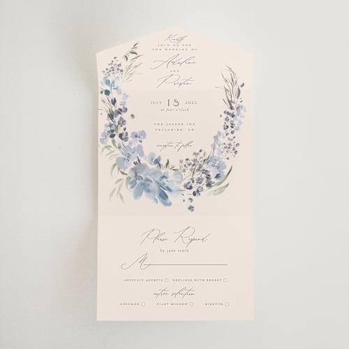 This is a sky all in one wedding invitations with standard by Grace Kreinbrink called wildflower wreath printing on strathmore in all-in-one