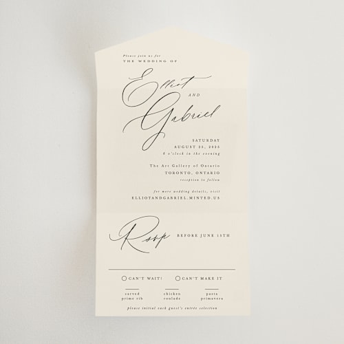 This is a ecru all in one wedding invitations with standard by Hooray Creative called scripted names printing on signature in all-in-one