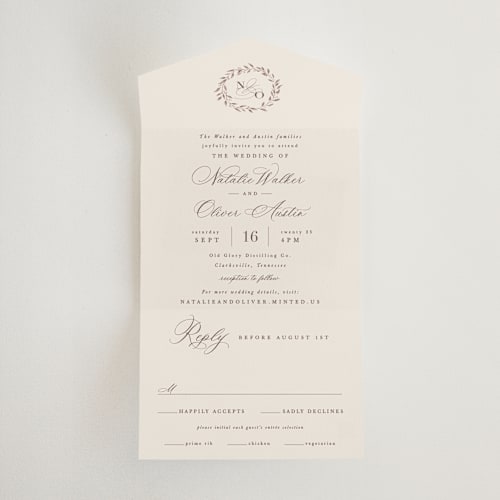 This is a ecru all in one wedding invitations with standard by Hooray Creative called delicate monogram printing on strathmore in all-in-one