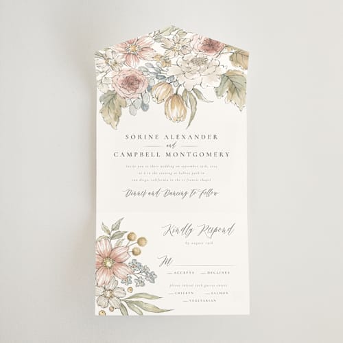 This is a garden rose all in one wedding invitations with standard by Wildfield Paper Co called summer garden printing on strathmore in all-in-one