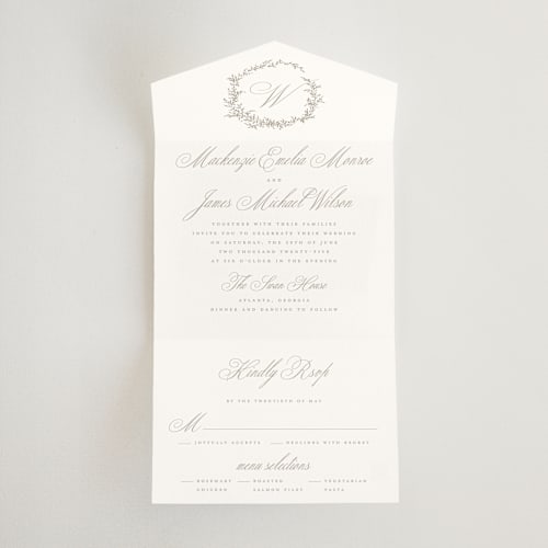 This is a chantilly all in one wedding invitations with standard by Wildfield Paper Co called romantic wreath printing on strathmore in all-in-one