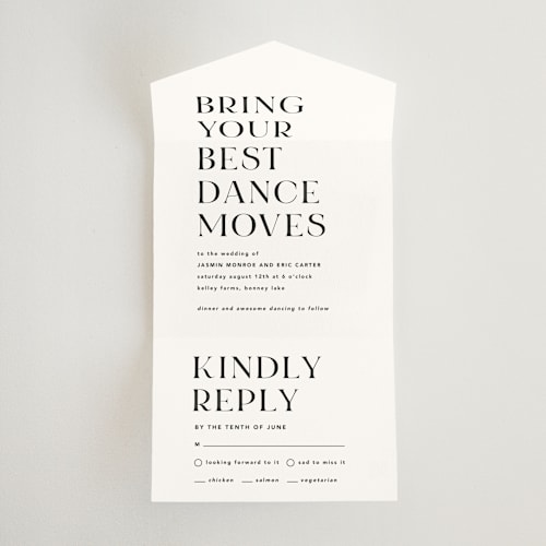 This is a tuxedo all in one wedding invitations with standard by Angela Garrick called dance moves printing on strathmore in all-in-one