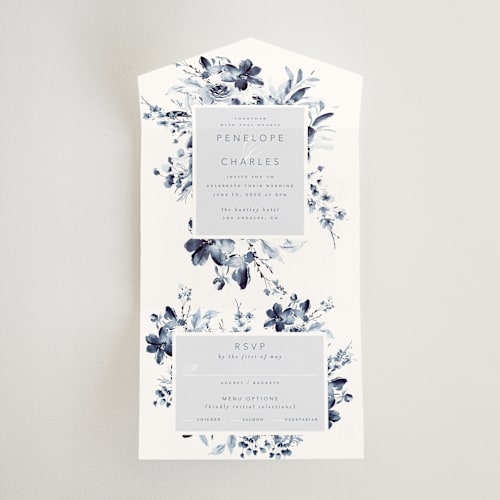This is a indigo all in one wedding invitations with standard by Leah Bisch called love story printing on strathmore in all-in-one