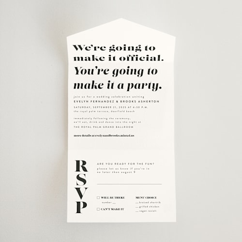 This is a panda all in one wedding invitations with standard by Lea Delaveris called make it official printing on strathmore in all-in-one
