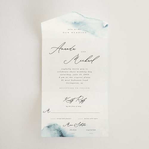This is a sky all in one wedding invitations with standard by Marina Onoprienko called ocean vibes printing on value cover in all-in-one