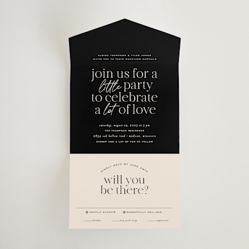 This is a noir all in one wedding invitations with standard by Jessica Corliss called little party big love printing on value cover in all-in-one