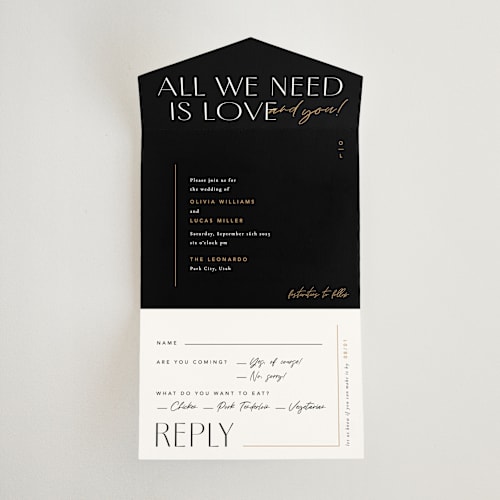This is a onyx all in one wedding invitations with standard by Robert and Stella called love love love printing on strathmore in all-in-one
