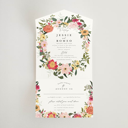 This is a tropical all in one wedding invitations with standard by Susan Moyal called forest flowers printing on strathmore in all-in-one