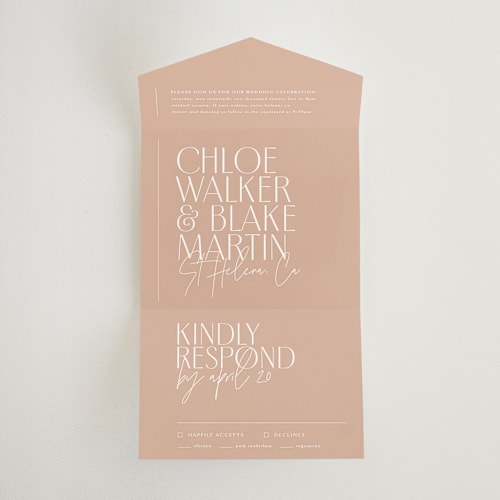 This is a terracotta all in one wedding invitations with standard by Kelly Schmidt called overlap printing on strathmore in all-in-one