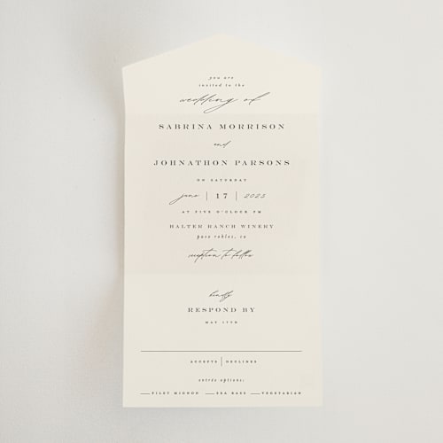 This is a ivory all in one wedding invitations with standard by Carolyn Nicks called softly swept printing on signature in all-in-one