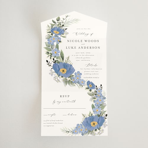 This is a periwinkle all in one wedding invitations with standard by Susan Moyal called botanical swag printing on strathmore in all-in-one