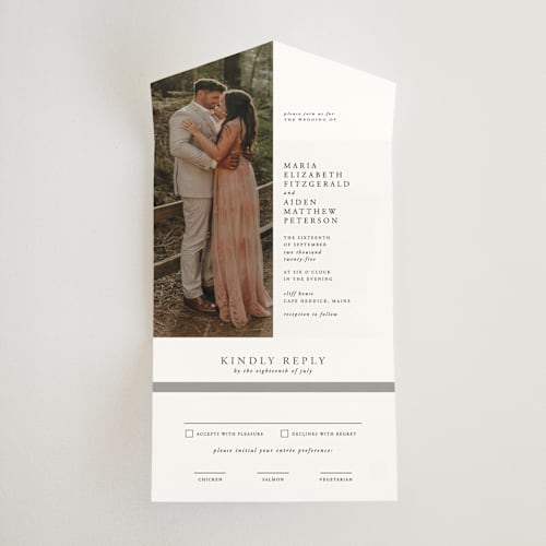 This is a platinum all in one wedding invitations with standard by Heather Schertzer called portrait printing on strathmore in all-in-one