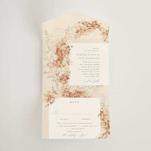 This is a stone all in one wedding invitations with standard by Robert and Stella called falling foliage printing on strathmore in all-in-one