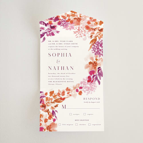 This is a merlot all in one wedding invitations with standard by Angela Marzuki called veranda printing on strathmore in all-in-one