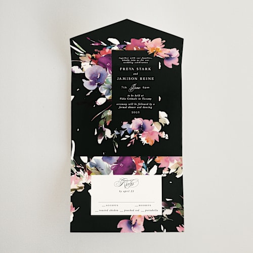 This is a noir all in one wedding invitations with standard by Lori Wemple called beauties printing on strathmore in all-in-one