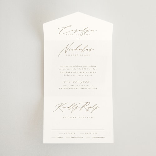 This is a golden all in one wedding invitations with standard by Kelly Schmidt called napa printing on strathmore in all-in-one