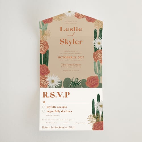 This is a sand all in one wedding invitations with standard by Cass Loh called boho desert printing on strathmore in all-in-one