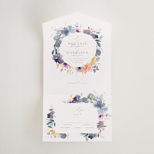 This is a chardonnay all in one wedding invitations with standard by Lori Wemple called cheerful bouquet printing on strathmore in all-in-one