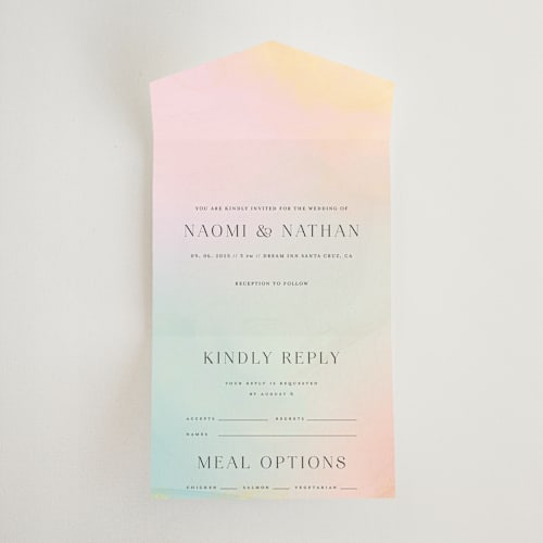 This is a sunrise all in one wedding invitations with standard by Petra Kern called marshmallow printing on strathmore in all-in-one