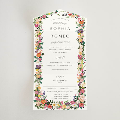 This is a daisy all in one wedding invitations with standard by Susan Moyal called secret garden printing on strathmore in all-in-one
