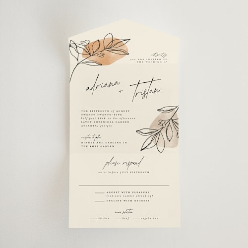 This is a natural all in one wedding invitations with standard by Susan Zinader called leaf contour printing on strathmore in all-in-one