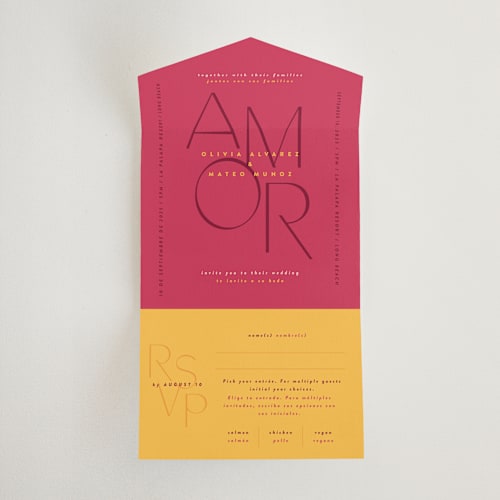 This is a caliente all in one wedding invitations with standard by Owl and Toad called amor printing on strathmore in all-in-one