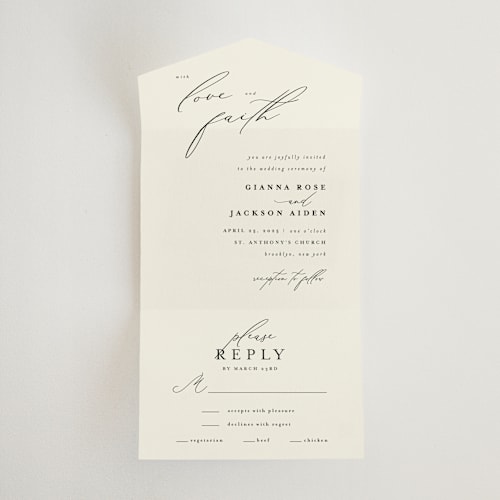 This is a vanilla all in one wedding invitations with standard by Louise Kay called love and faith printing on strathmore in all-in-one