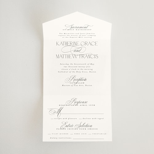 This is a cloud all in one wedding invitations with standard by Heather Cairl called sacrament printing on strathmore in all-in-one