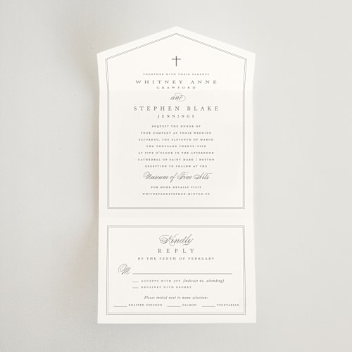 This is a ivory all in one wedding invitations with standard by Amy Kross called crawford printing on strathmore in all-in-one