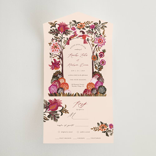 This is a ivory all in one wedding invitations with standard by Caroline Bonne Muller called indian floral chintz lush printing on value cover in all-in-one