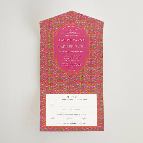 This is a fuchsia all in one wedding invitations with standard by Pati Cascino called varna printing on value cover in all-in-one
