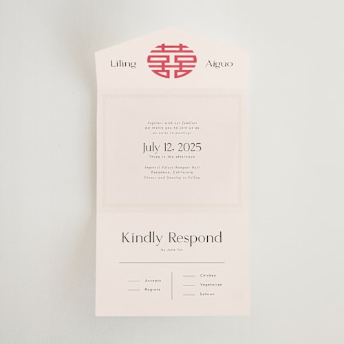 This is a cream all in one wedding invitations with standard by Inkblot Design called happy in love printing on value cover in all-in-one