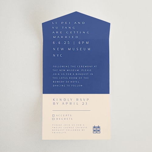 This is a marseille bleu all in one wedding invitations with standard by Deborah Chou called two toned printing on value cover in all-in-one