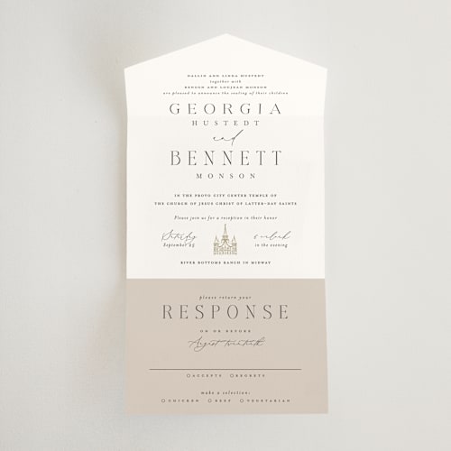 This is a cotton all in one wedding invitations with standard by Erin L. Wilson called city center printing on value cover in all-in-one