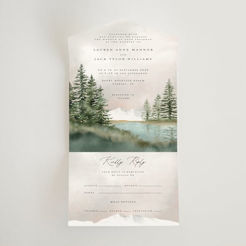 This is a forest all in one wedding invitations with standard by Petra Kern called montagna printing on value cover in all-in-one