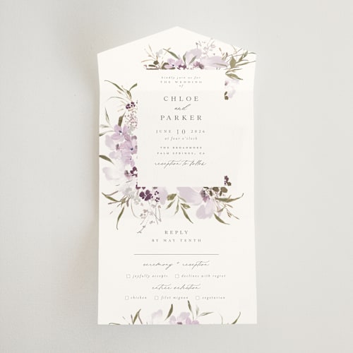 This is a lilac all in one wedding invitations with standard by Grace Kreinbrink called meadow burst printing on strathmore in all-in-one