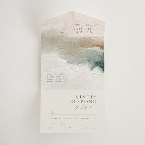 This is a marine all in one wedding invitations with standard by Nicoletta Savod called sunset waves printing on strathmore in all-in-one