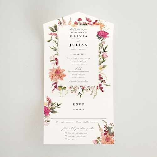 This is a magenta all in one wedding invitations with standard by Susan Moyal called lush printing on signature in all-in-one