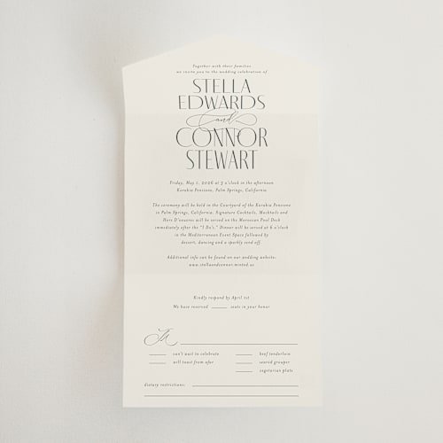 This is a porcelain all in one wedding invitations with standard by Jennifer Postorino called unity printing on strathmore in all-in-one