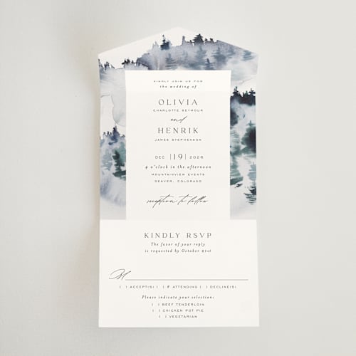 This is a air all in one wedding invitations with standard by Janean Hinger called airy mountain printing on strathmore in all-in-one