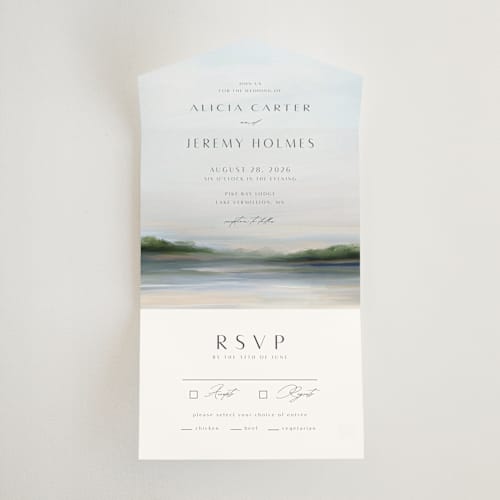This is a sky all in one wedding invitations with standard by Nicole Walsh called calm water printing on strathmore in all-in-one