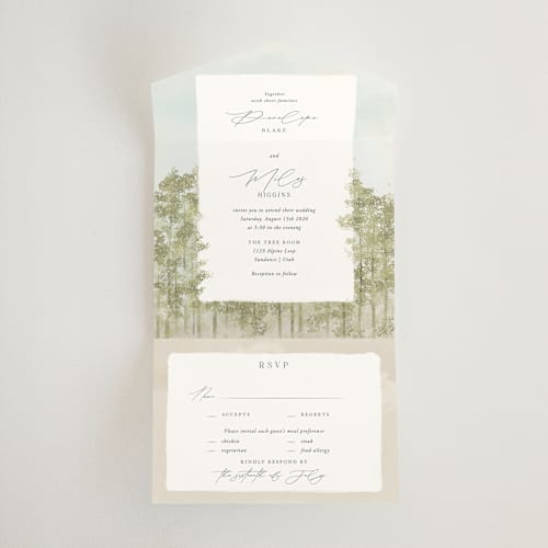 This is a lake all in one wedding invitations with standard by Robert and Stella called aspen printing on strathmore in all-in-one