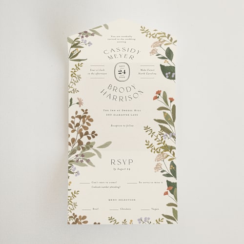 This is a natural all in one wedding invitations with standard by Jennifer Wick called ellsworth printing on strathmore in all-in-one